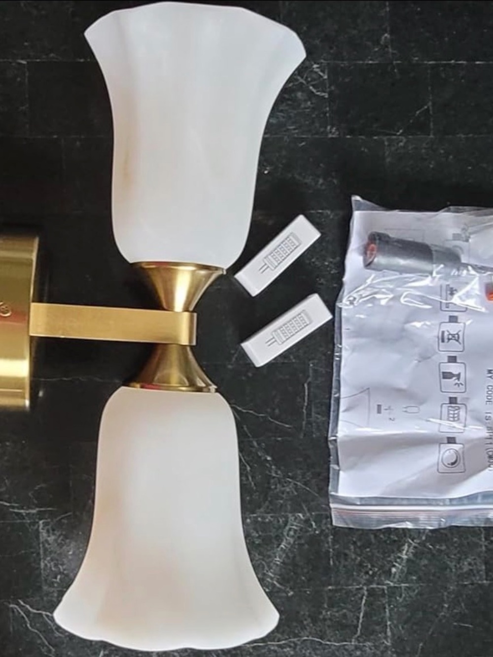 Brass Finish Double Glass Wall Sconce - White Glass